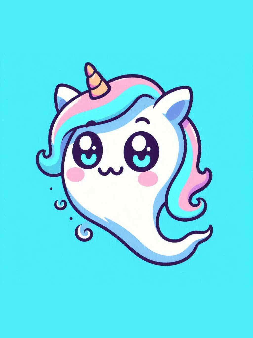 A cute ghost-like unicorn with colorful mane as part of halloween unicorn illustration ideas, featuring a spooky yet charming design.